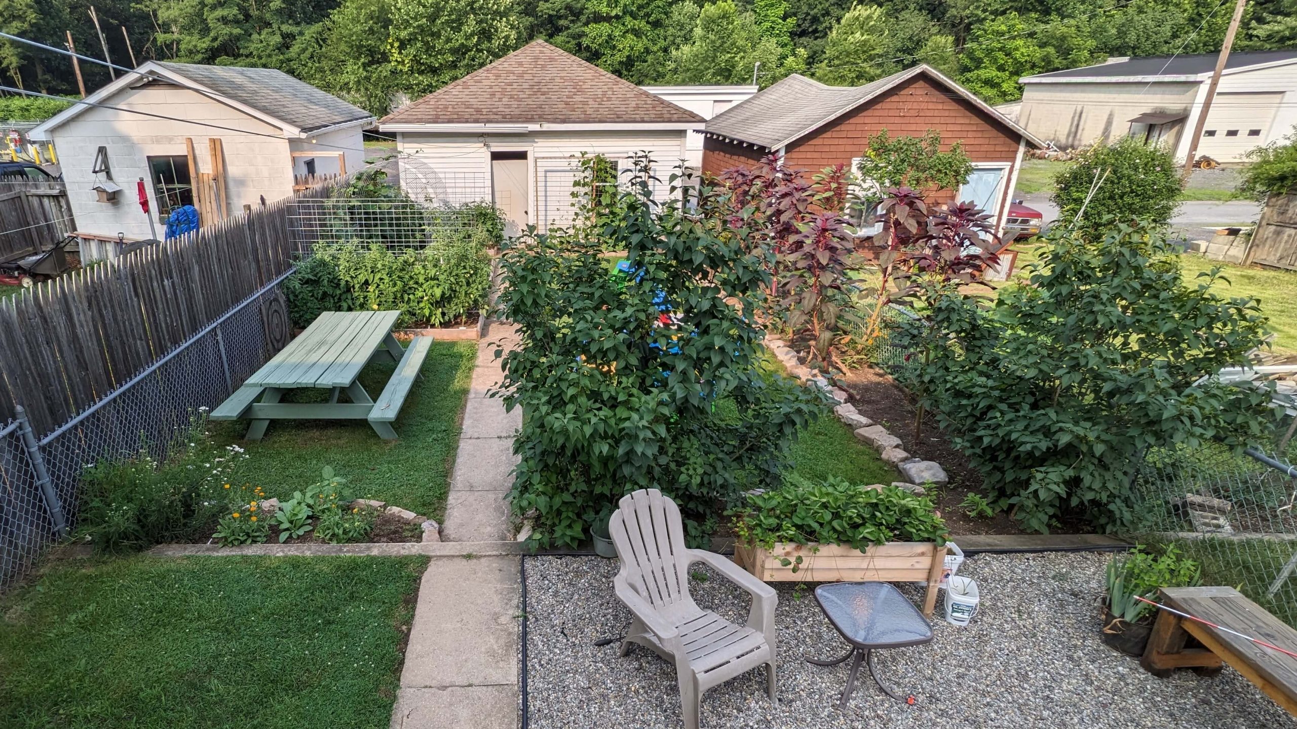 small backyard in the summer with green bushes and a picnic table and a chair
