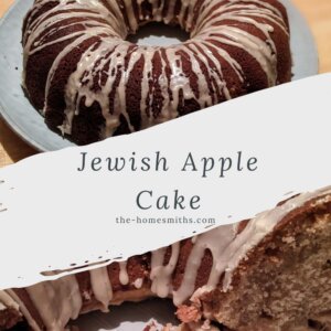 iced Jewish apple cake on a plate and a cut into cake