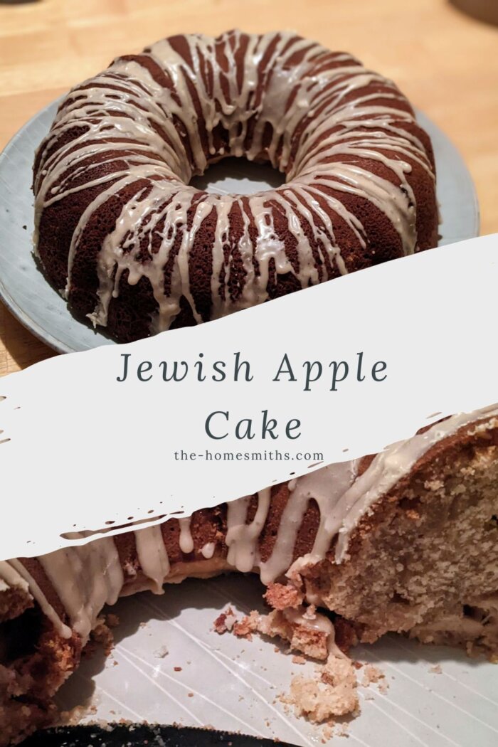 iced Jewish apple cake on a plate and a cut into cake