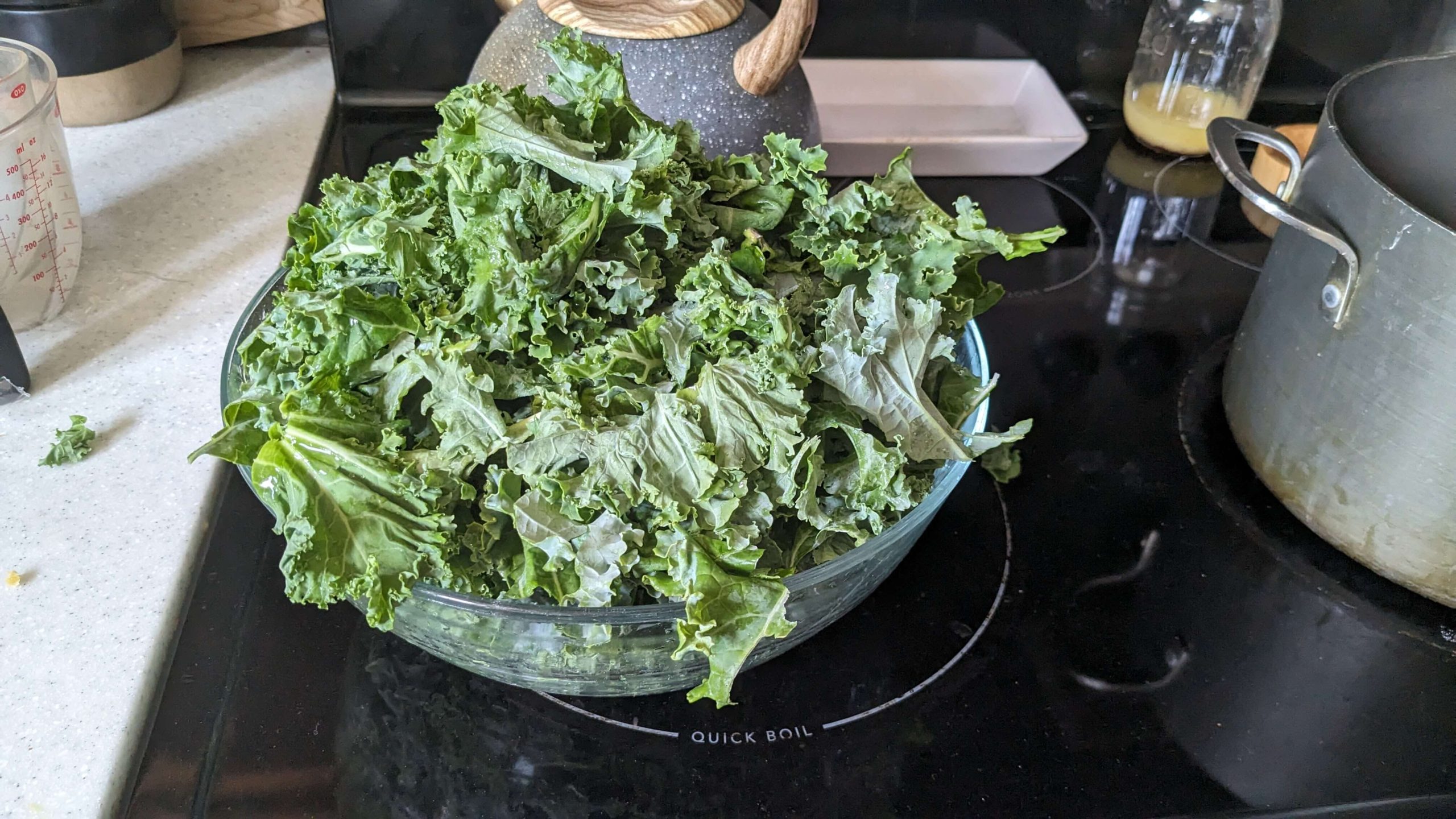 raw kale in a glass bowl