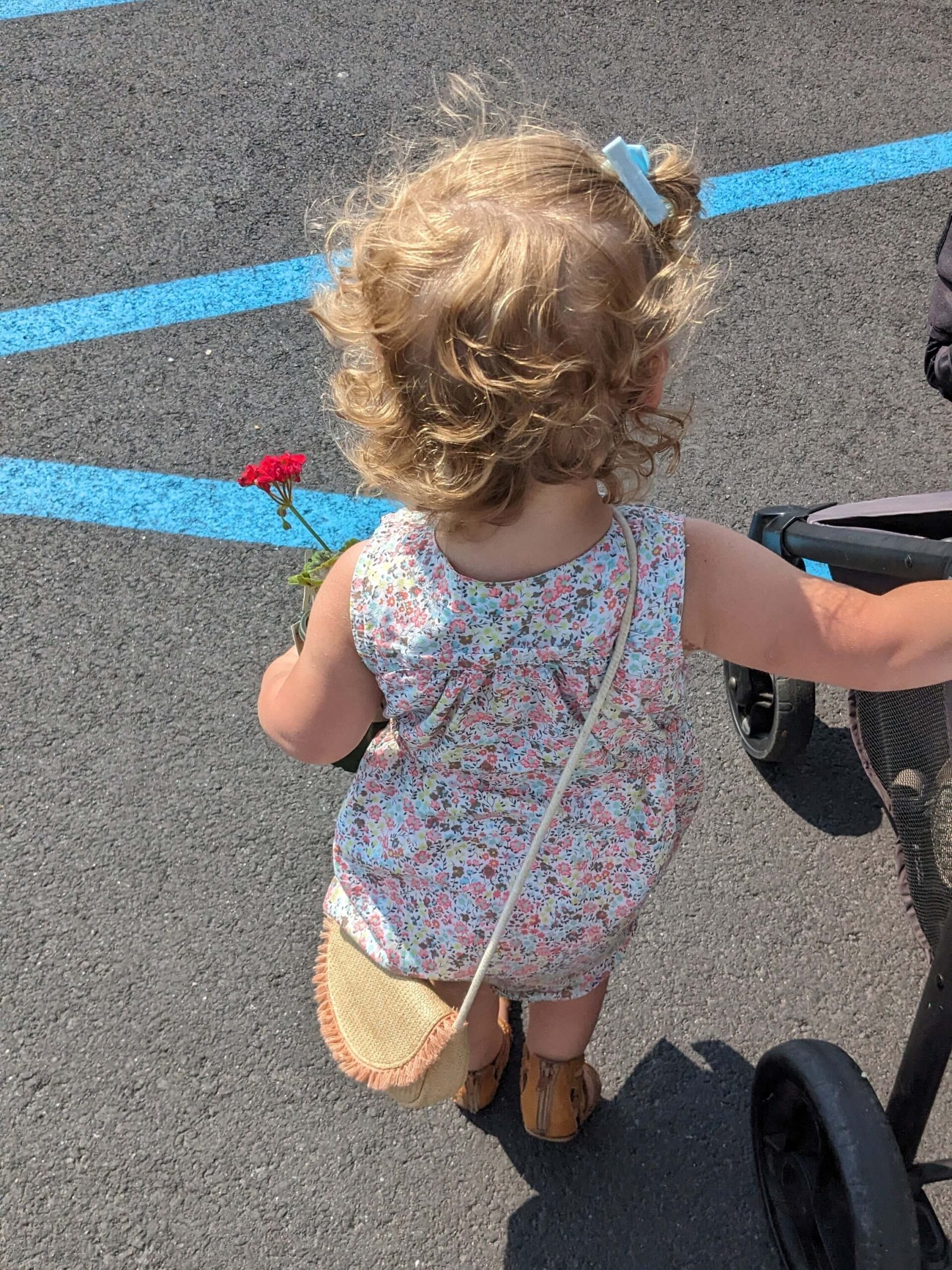 toddler girl walking and carrying a flower