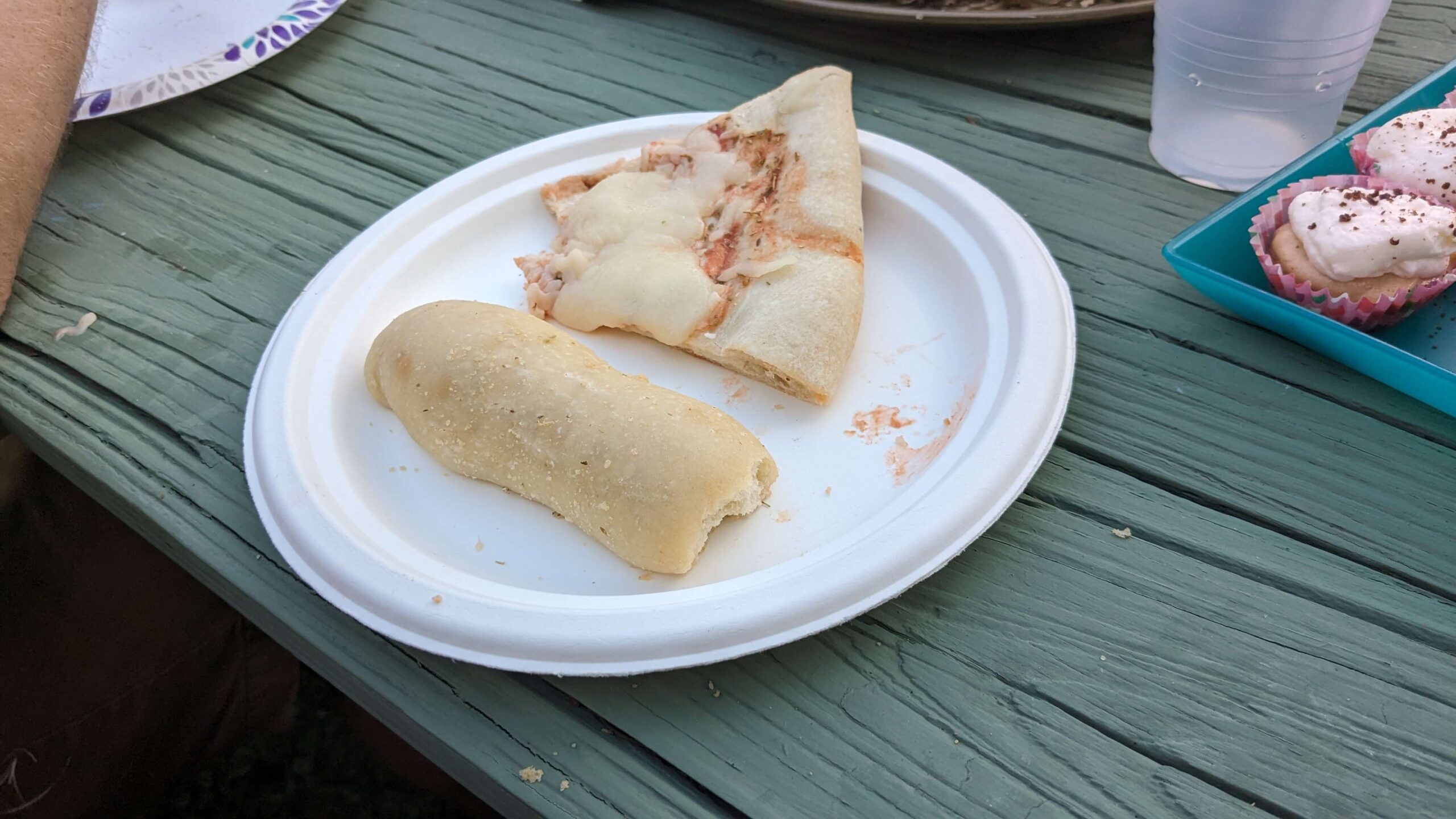 disposable white plate with a half eaten slice of cheese pizza and a breadstick