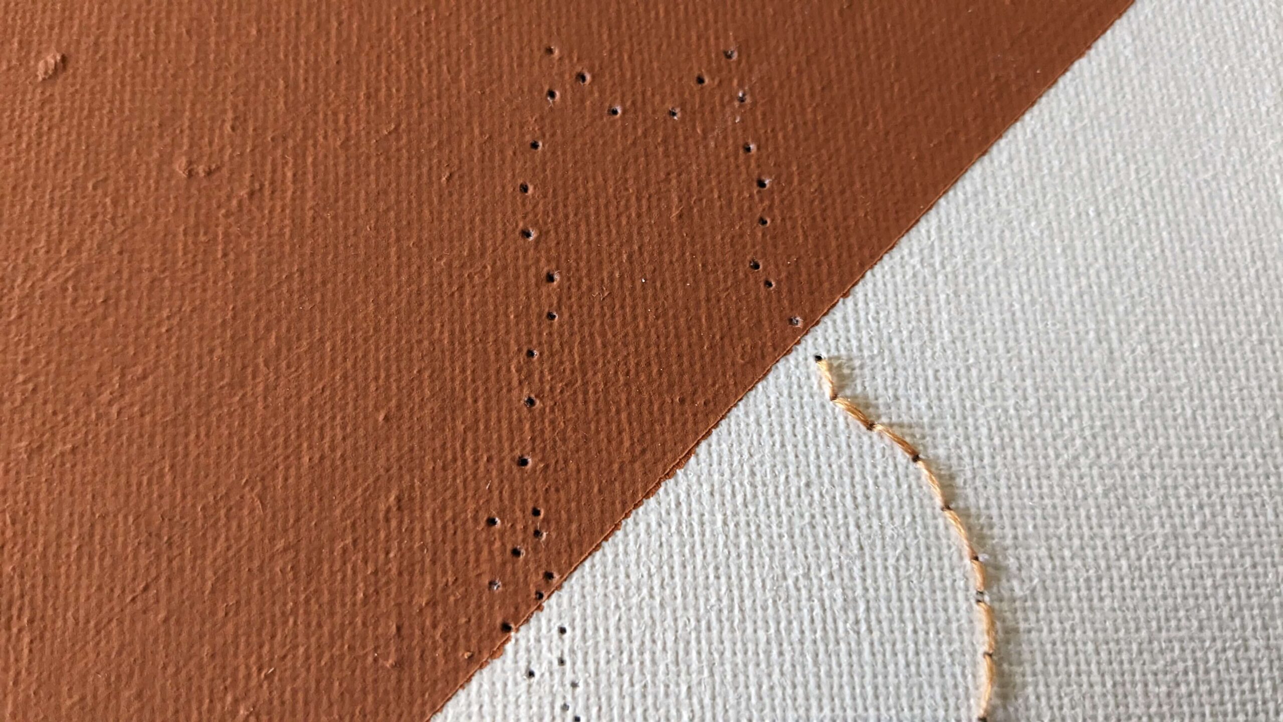 chain stitch in the shape of the lower half of a cat in orange embroidery floss in a square canvas that is diagonally painted half orange half white