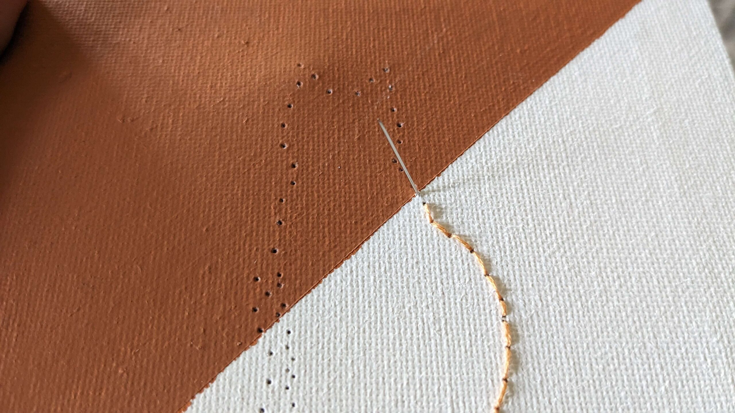 orange and white canvas with a needle poking through and orange embroidery floss in the shape of the lower half of a cat