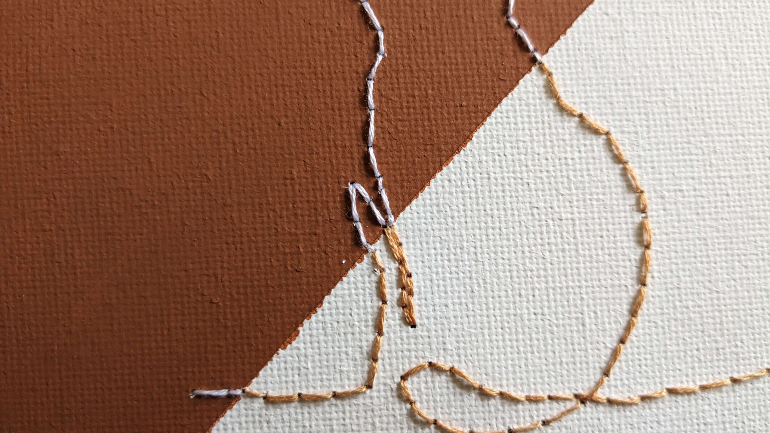 orange and white canvas with white and orange embroidery floss in the shape of a cat in a chain stitch