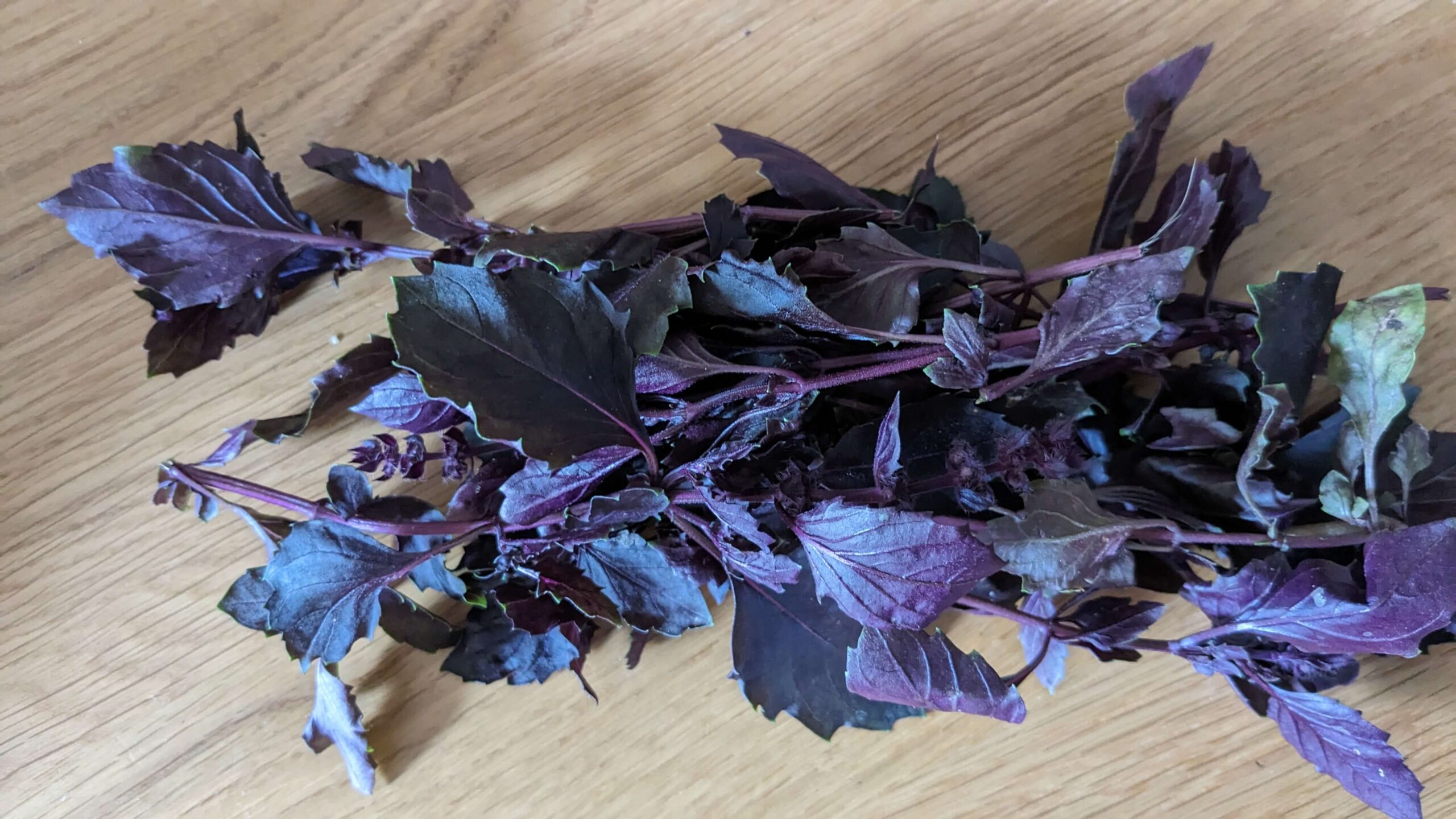 purple basil leaves on a wooden counter