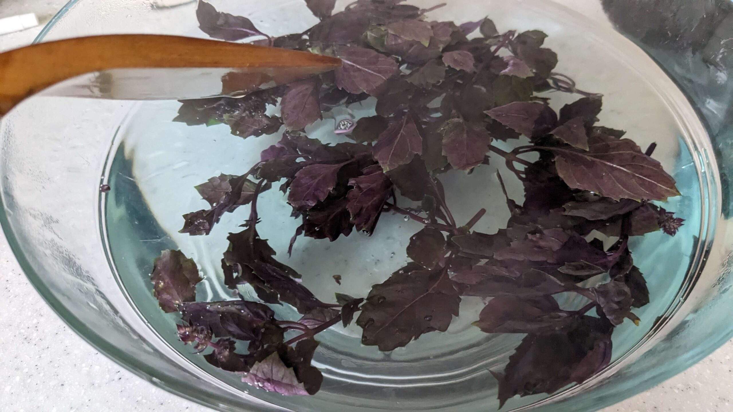 stirring basil leaves in a bowl of water that is turning blue