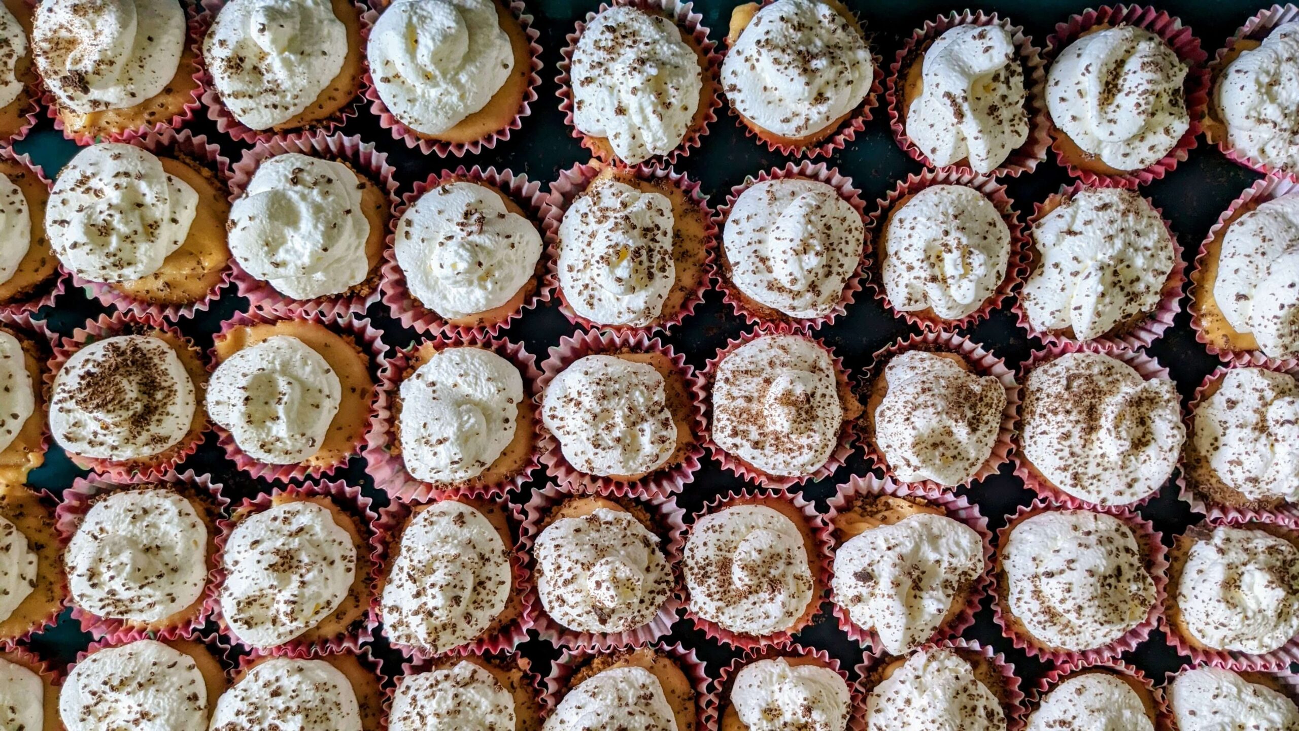 a tray of mini peanut butter cheesecake bites topped with whipped cream and chocolate shavings