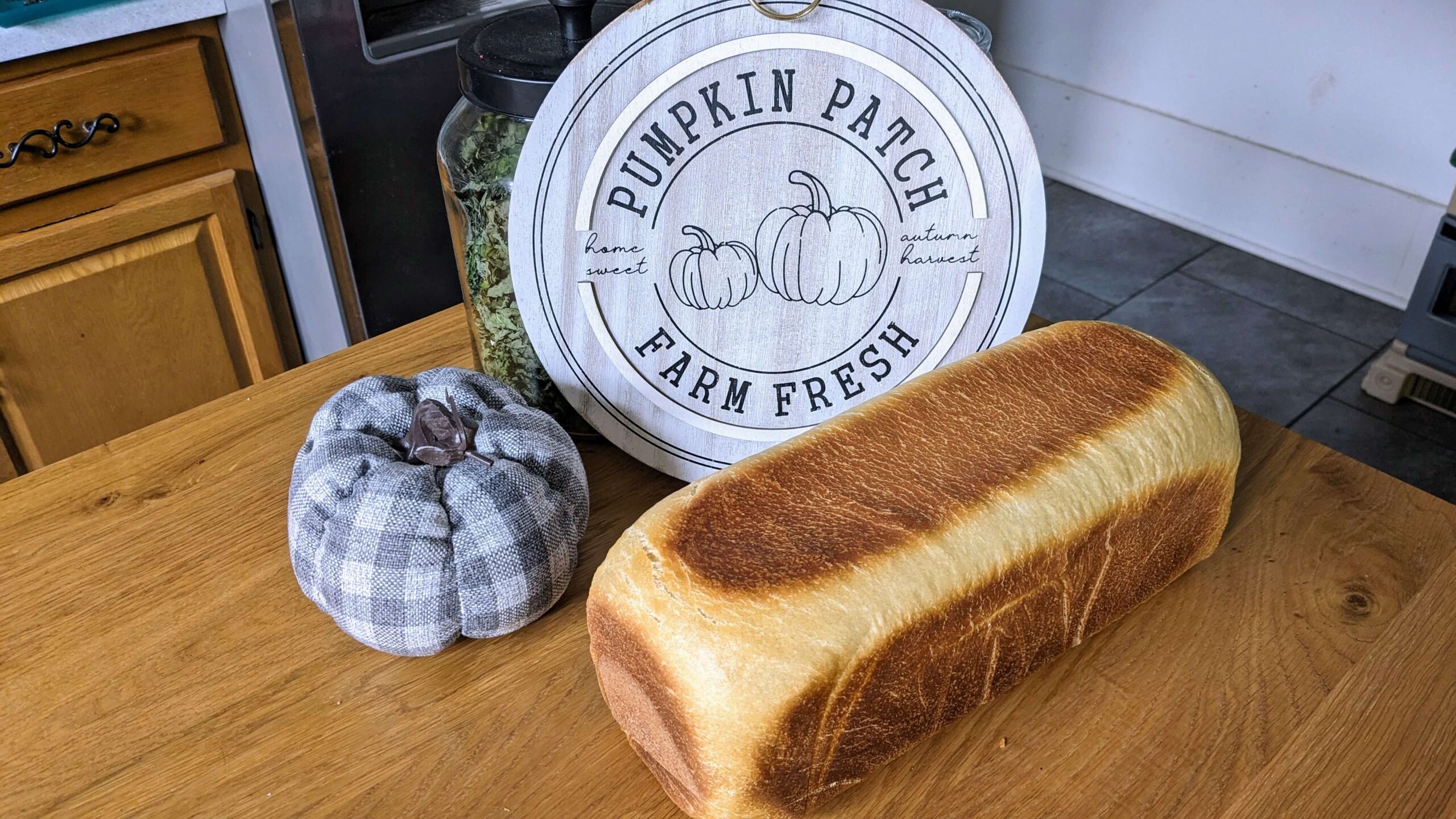 uncut sourdough sandwich loaf in front of a grey plaid pumpkin and a pumpkin patch round sign