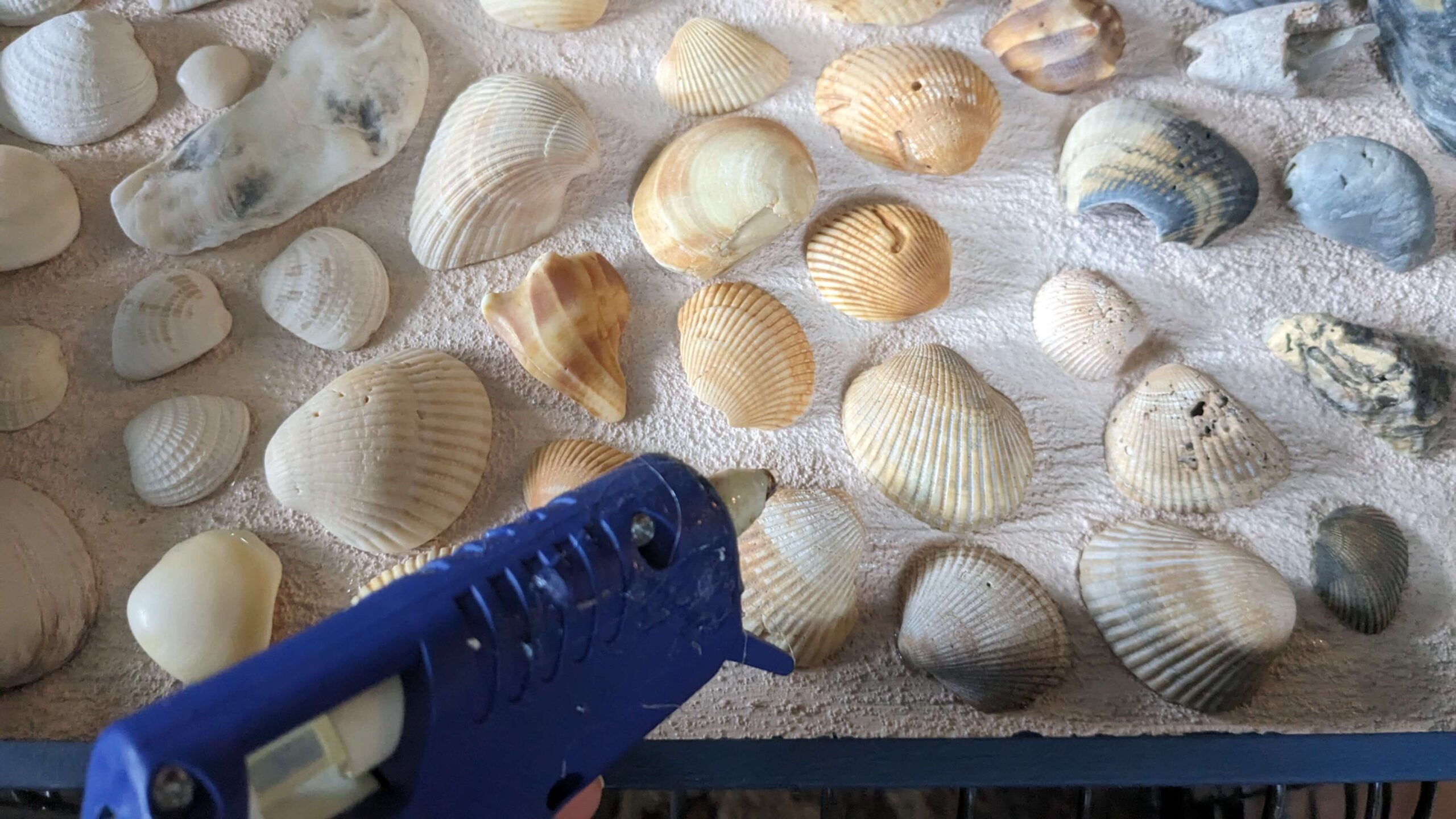 a woman holding a glue gun over a tray of shells