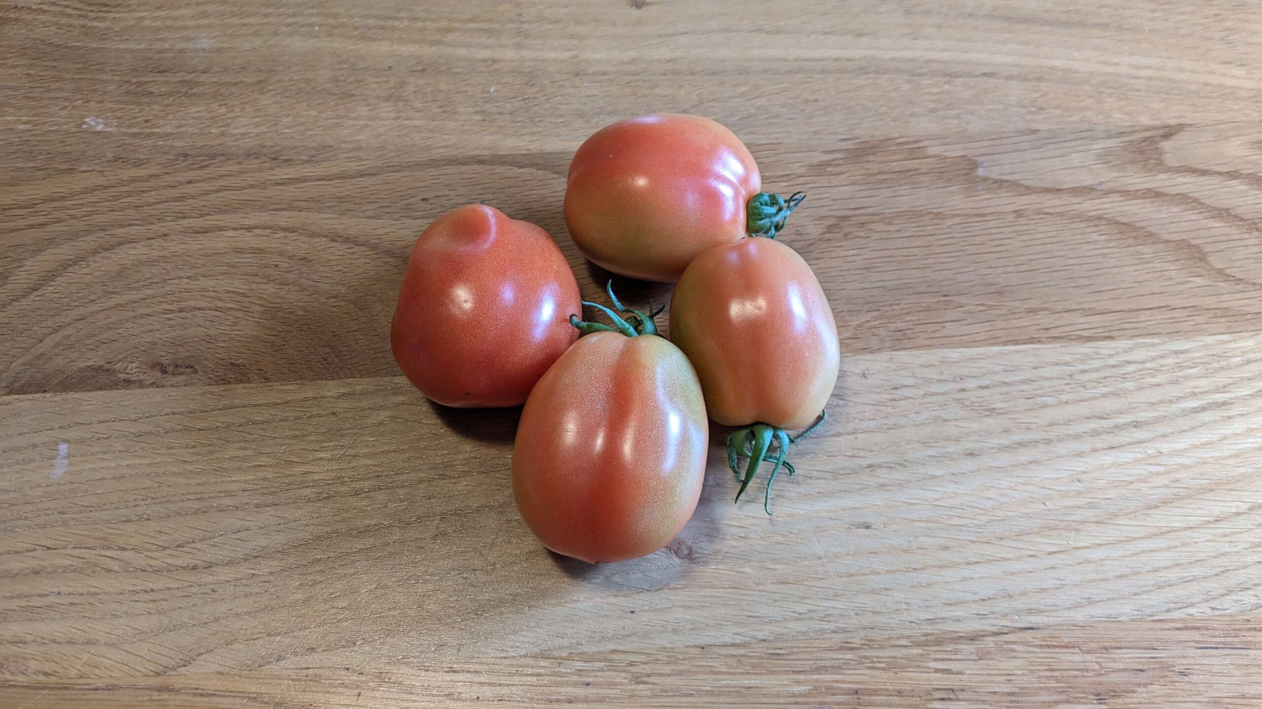 four roma tomatoes next to each other