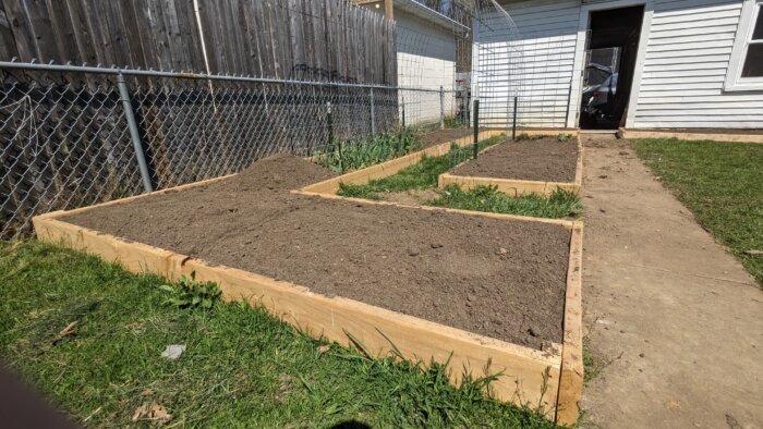 Raised beds filled with soil.