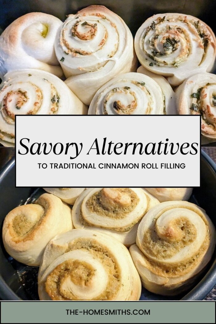 Two pictures of savory rolls with a white label on top