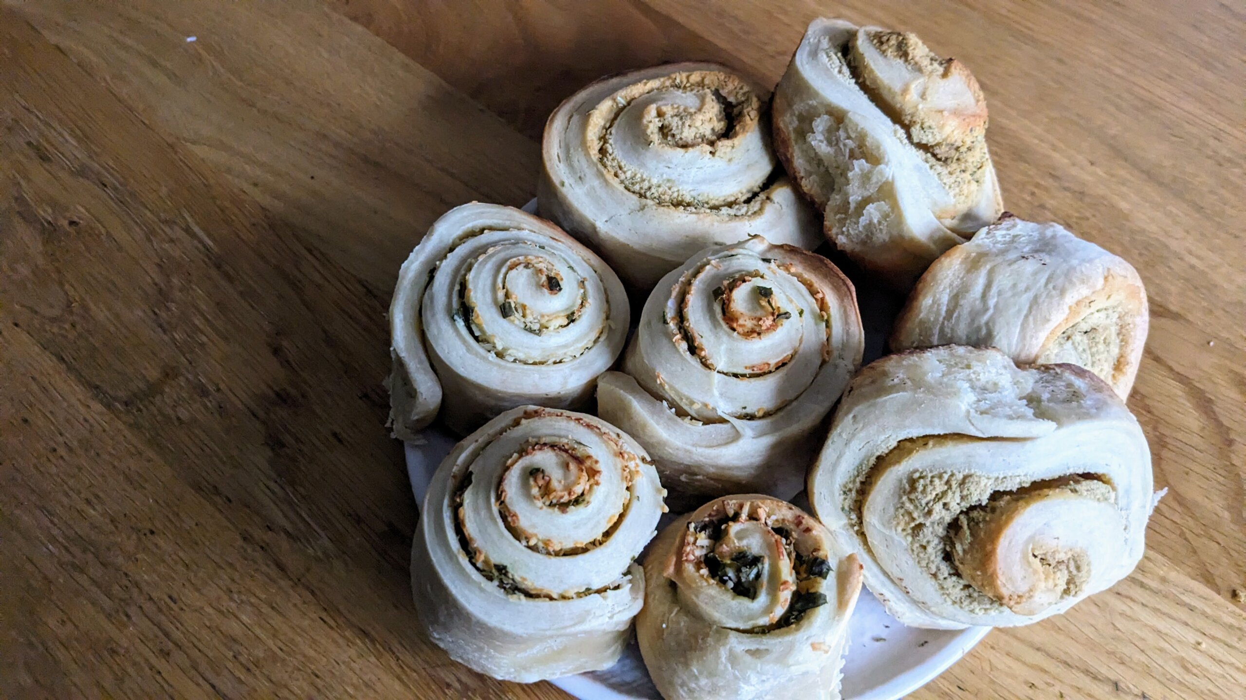 Savory rolls on a wooden counter
