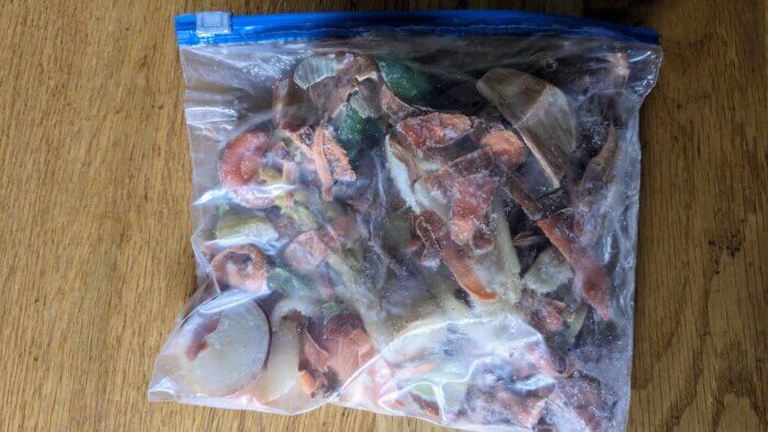 frozen bag of vegetable scraps 
