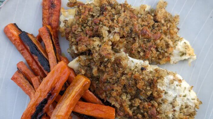 crispy, Cheesy, baked chicken with roasted carrot fries