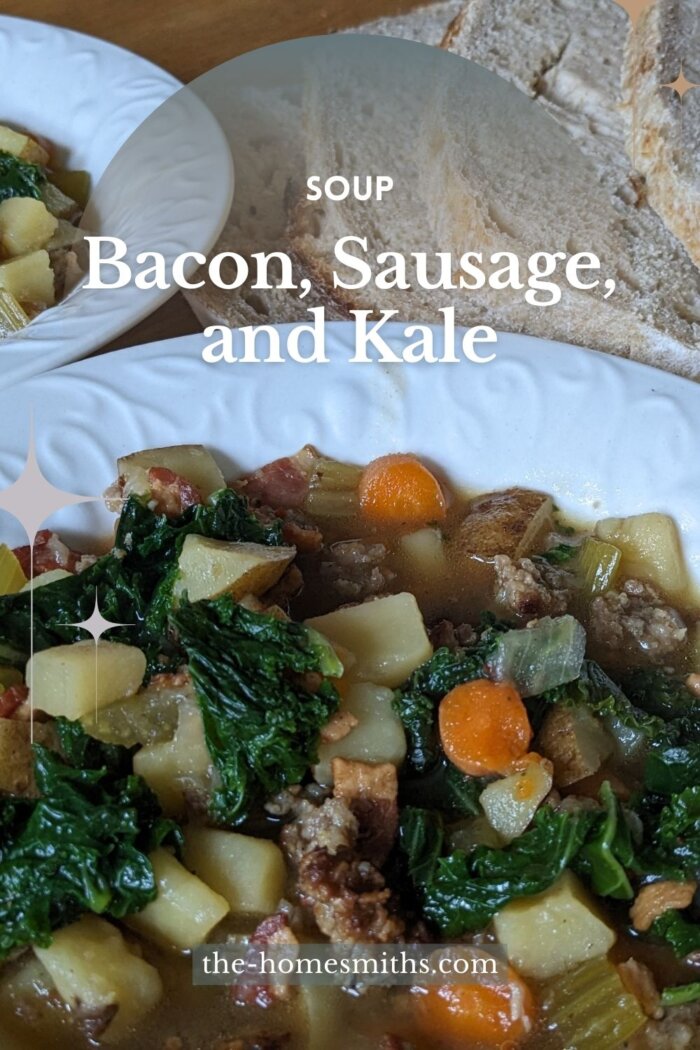 two bowls of sausage, Bacon, and Kale Soup next to sliced artisan sourdough bread