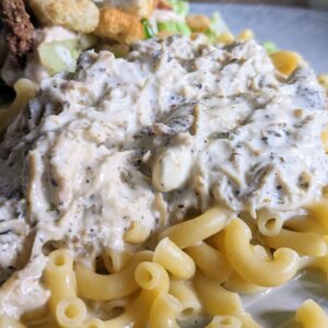 Crock pot creamy Italian chicken over pasta