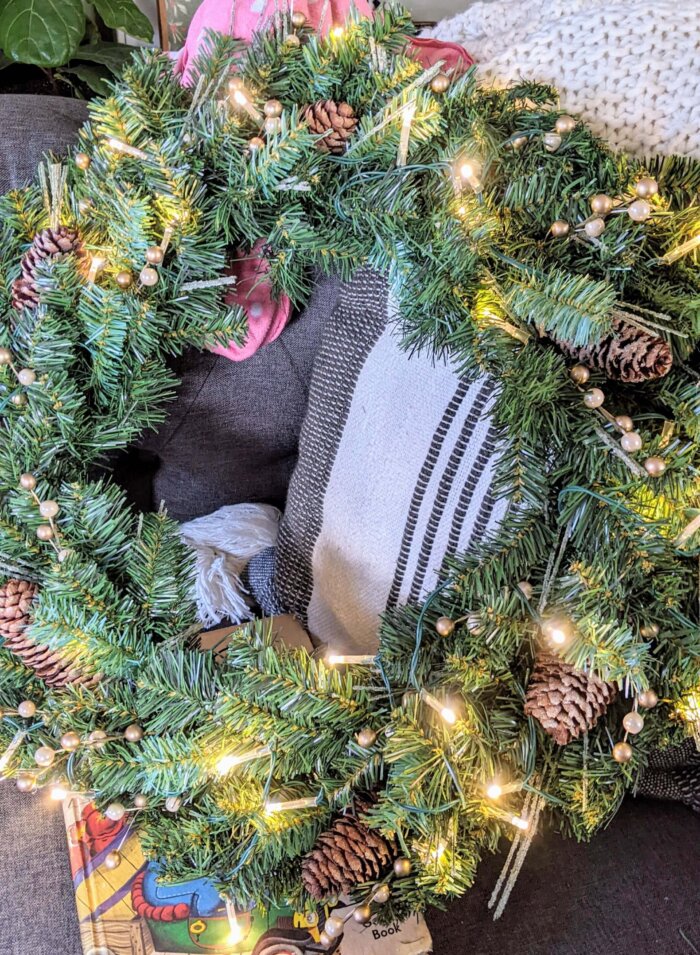 Christmas wreath on a couch