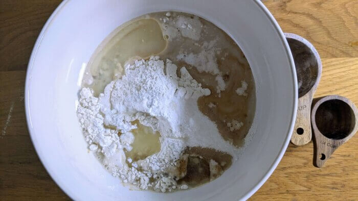 sourdough chocolate chip mug cake ingredients in a bowl