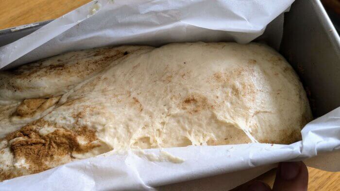 rolled sourdough cinnamon raisin dough in a Pullman Loaf pan