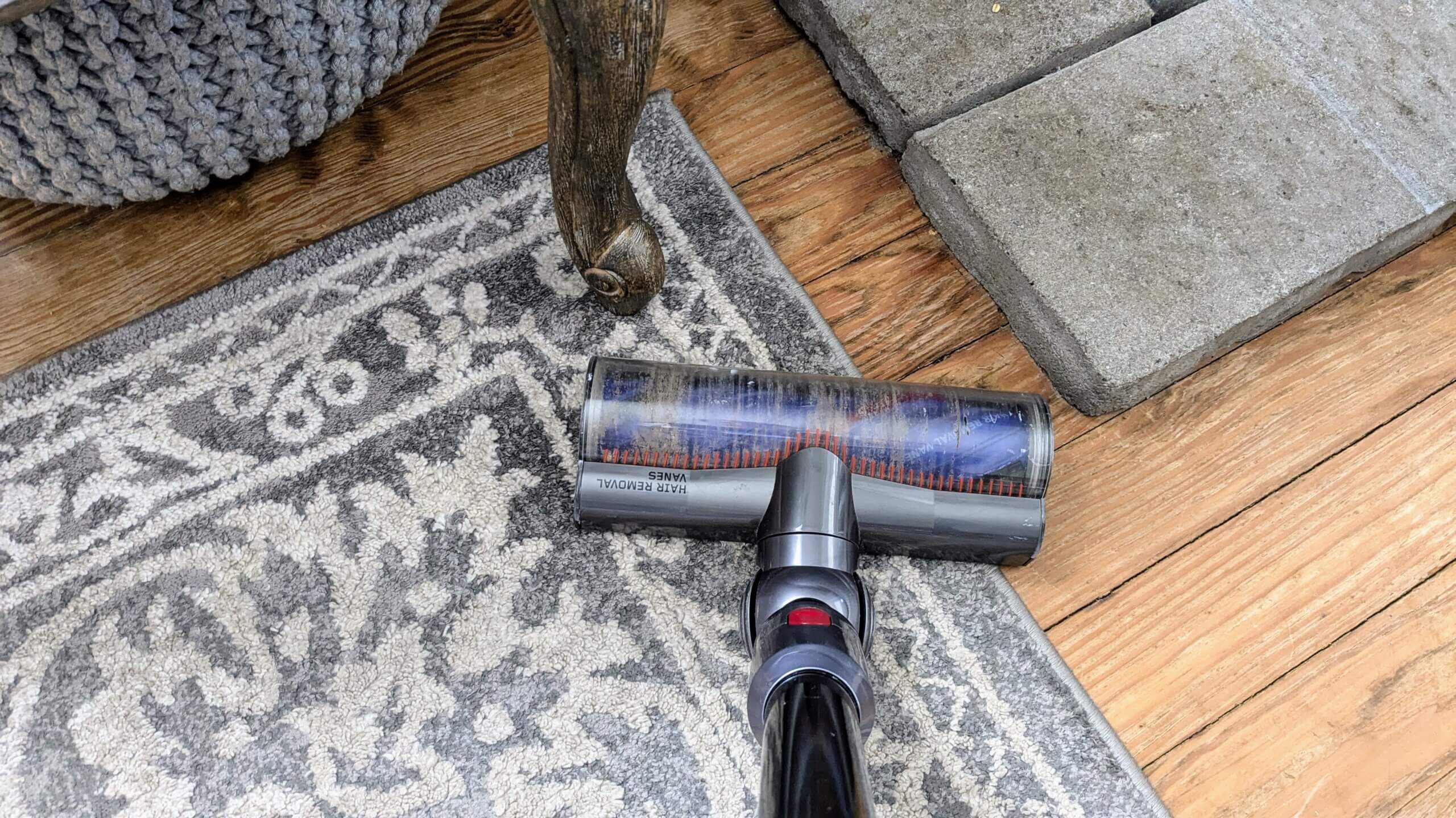 vacuuming a carpet with a Dyson