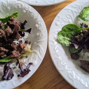Korean Ground beef over rice and salad greens