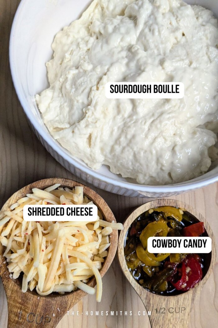 ingredients for cowboy candy sourdough bread labeled