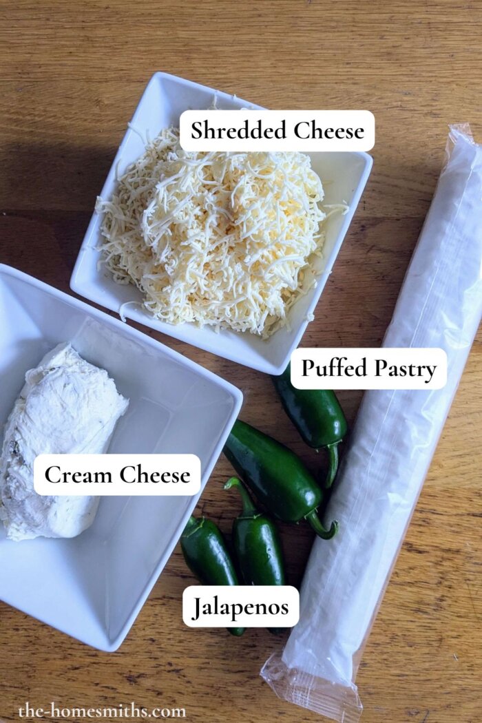 a pile of jalapeno popper pinwheels ingredients labeled