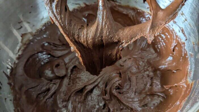 sourdough Brownie cookie batter in a stand mixer