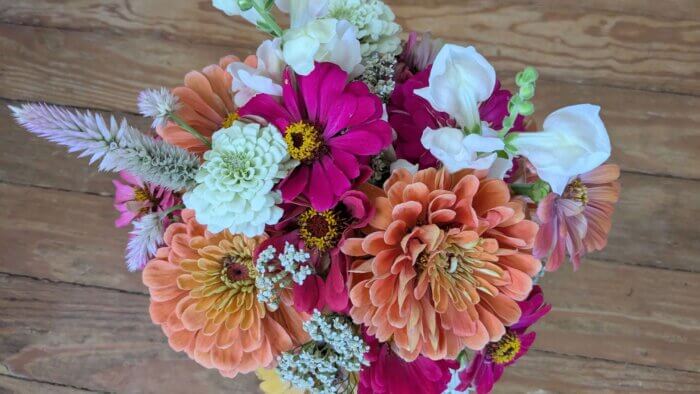 a floral arrangement of zinnias