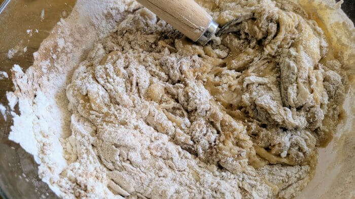 a Danish dough whisk mixing sourdough coffee cake batter 