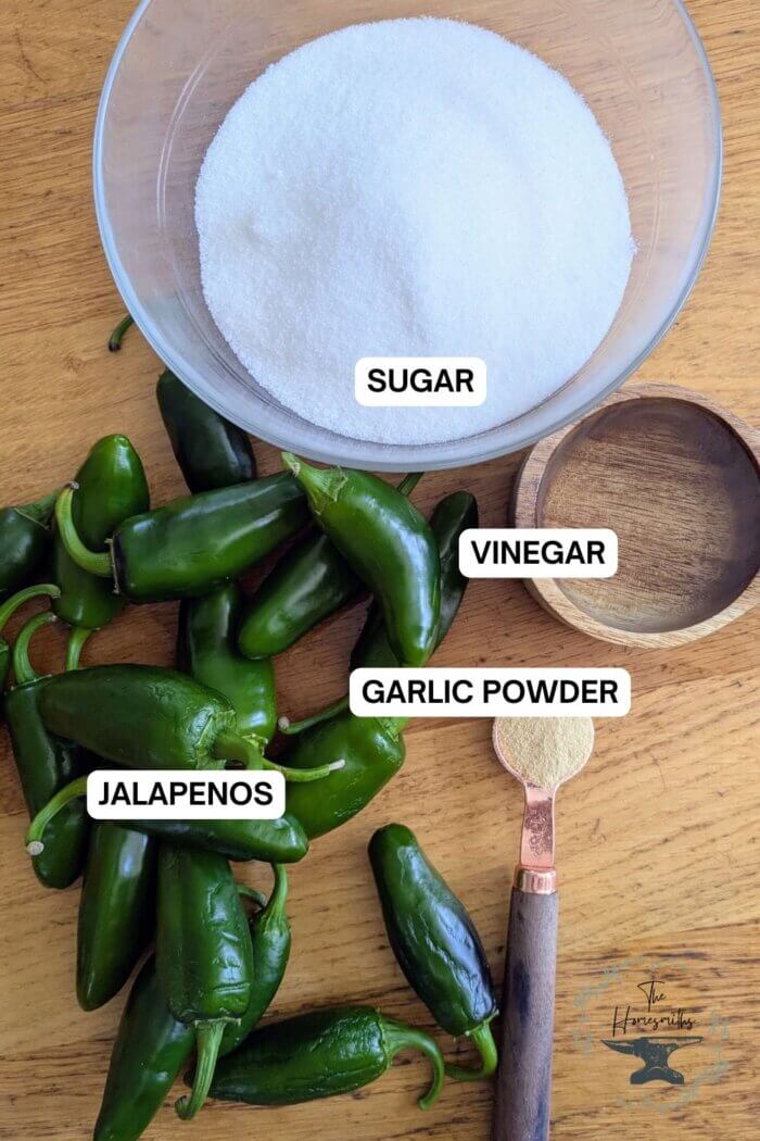 candied jalapeno recipe ingredients labeled on a table 