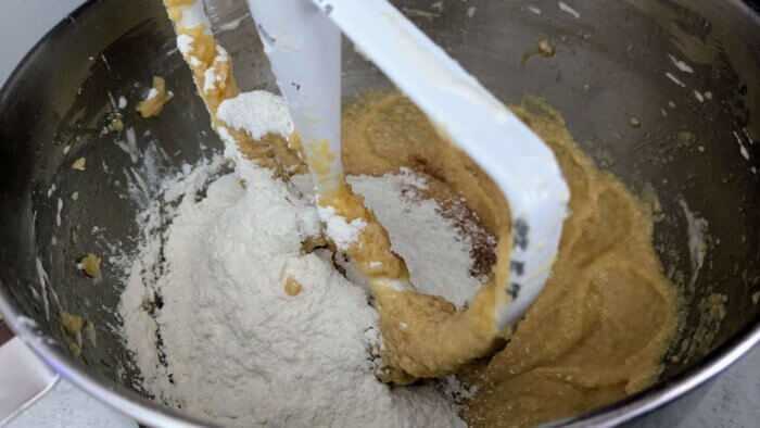 sourdough oatmeal cookie dough in a stand mixer 