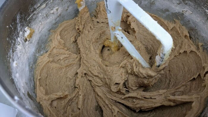 sourdough oatmeal cookie dough in a stand mixer 