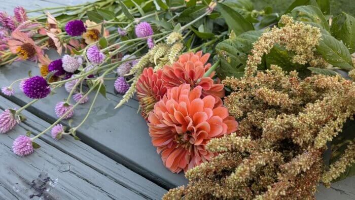 Several varieties of flowers laid out on a green picnic table