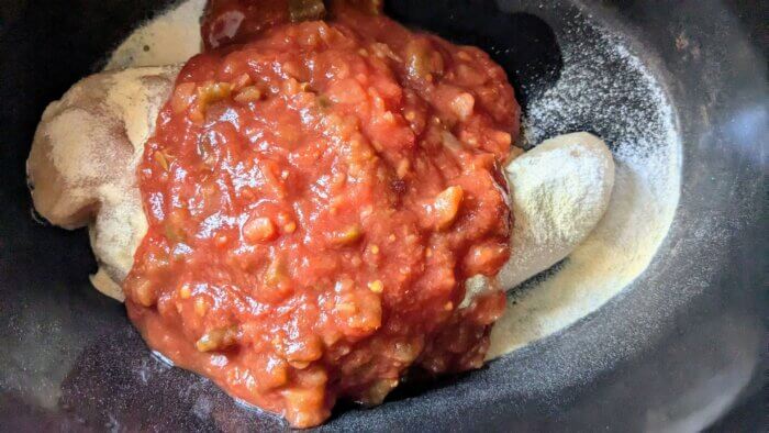 raw chicken in a crock pot with salsa, garlic powder, and salt
